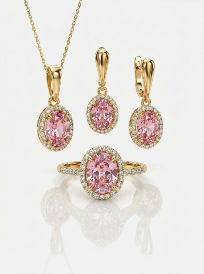 Oval Pembe Kuvars Taşlı Set