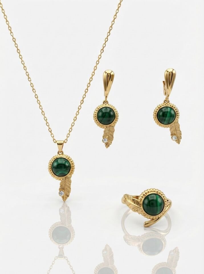Yuvarlak Malahit Taşlı Set