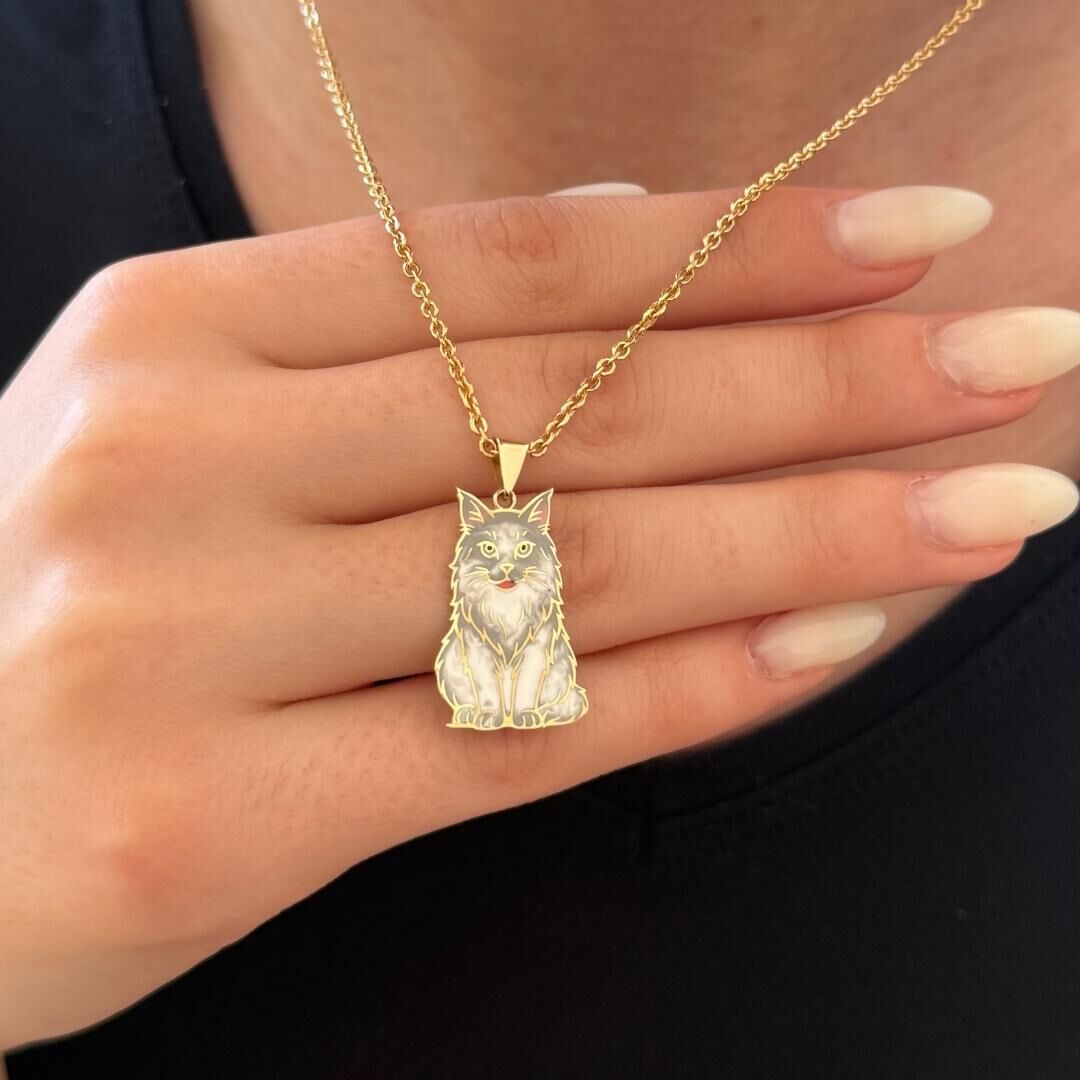 Özel Tasarım Altın Uzun Tüylü Kedi Figürlü Kolye Ucu