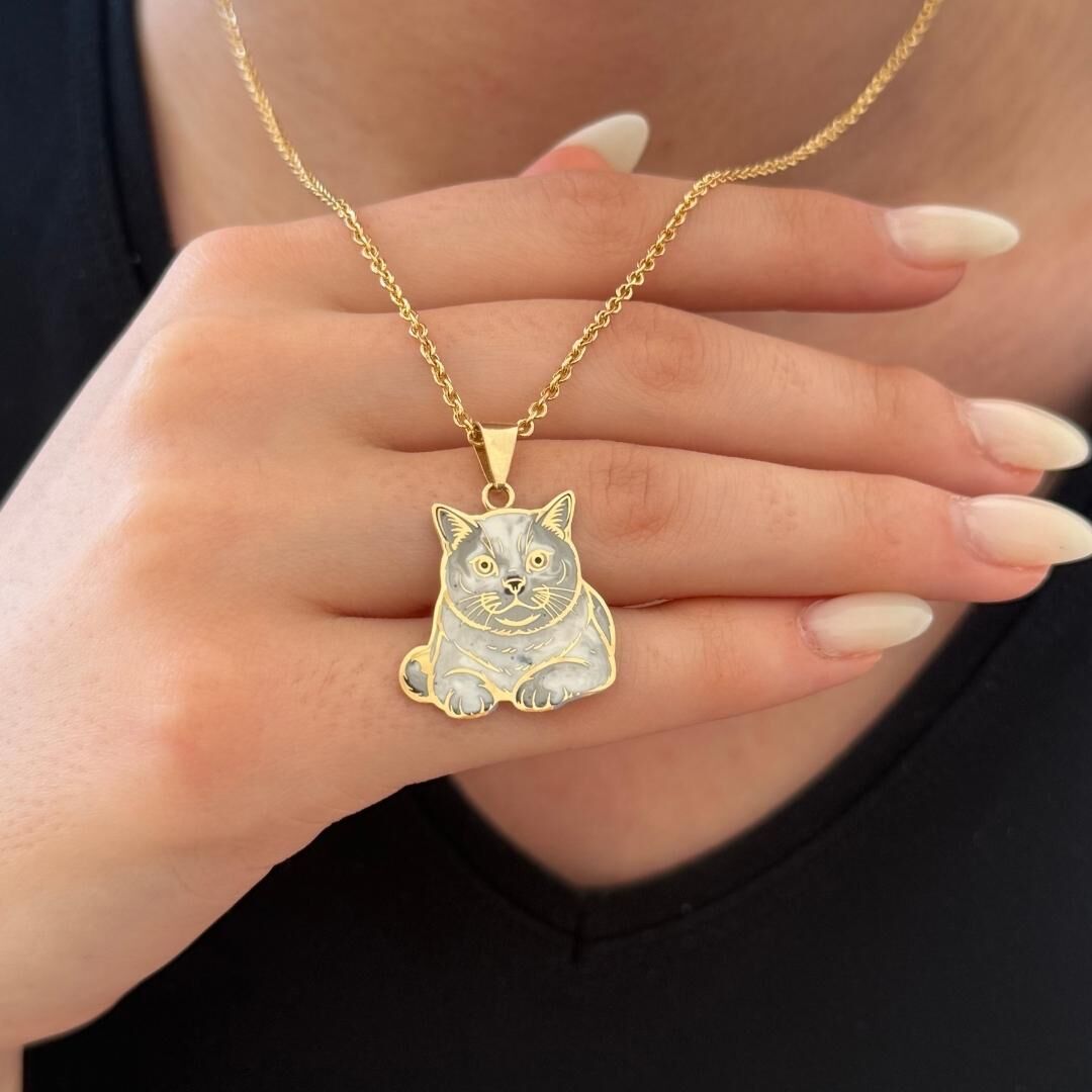 Özel Tasarım Altın British Shorthair Figürlü Kedi Kolye Ucu