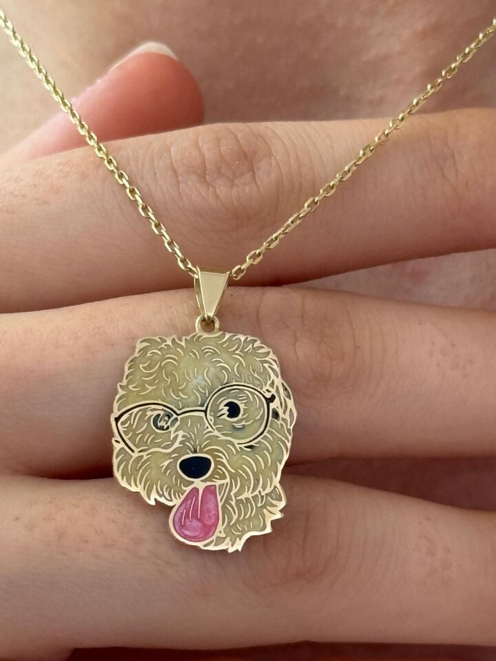 Özel Tasarım Altın Poodle Figürlü Gözlüklü Evcil Hayvan Kolye Ucu