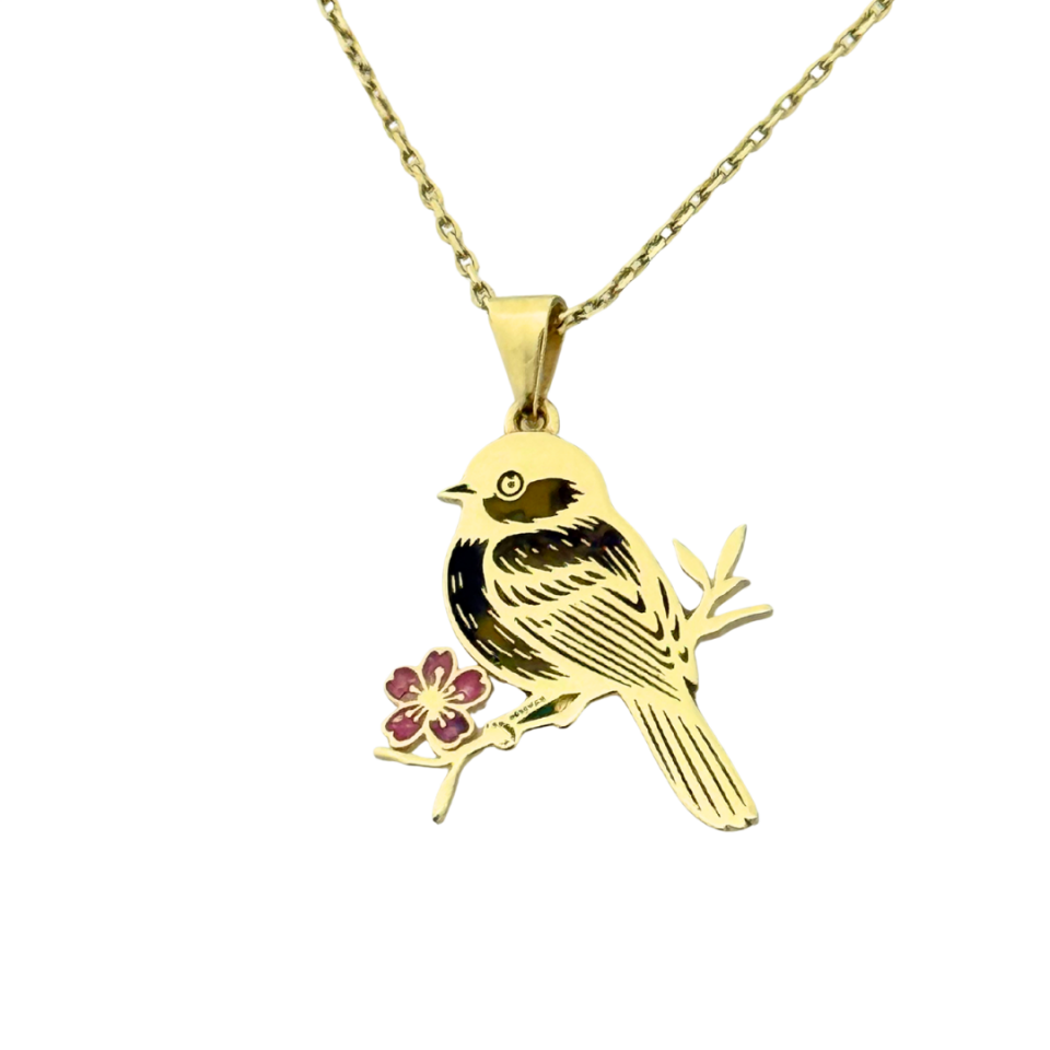Özel Tasarım Altın Serçe ve Çiçek Figürlü Kolye Ucu