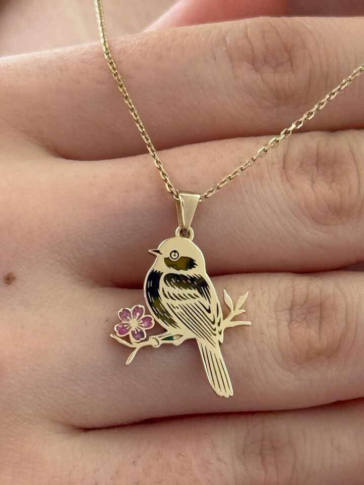 Özel Tasarım Altın Serçe ve Çiçek Figürlü Kolye Ucu