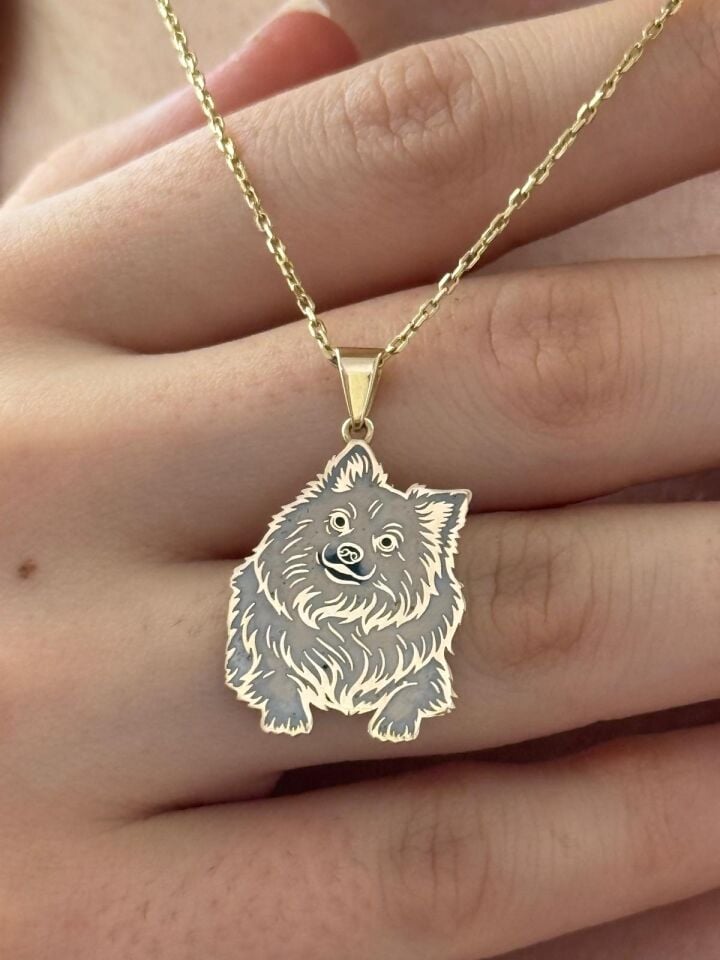 Özel Tasarım Altın Pomeranian Spitz Figürlü Kolye Ucu
