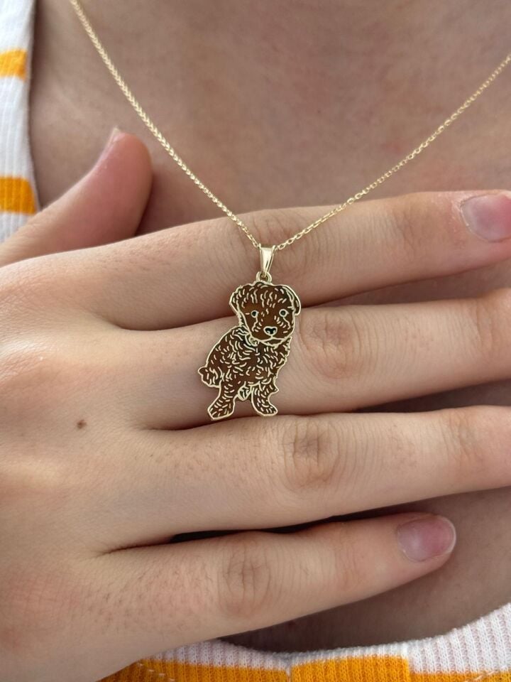 Özel Tasarım Altın Kahverengi Poodle Figürlü Kolye Ucu