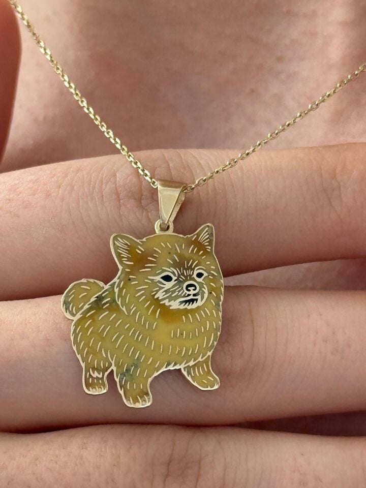 Altın “PuffyPaw” Pomeranian Figürlü Kolye Ucu