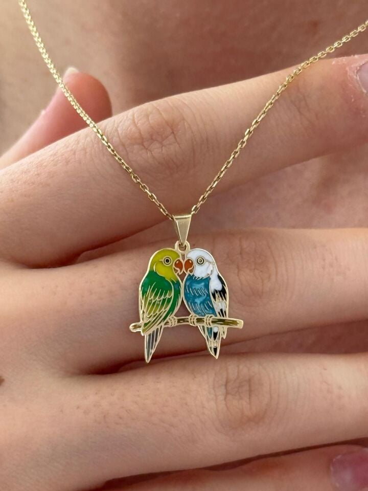 Özel Tasarım Altın Sevgi Muhabbet Kuşu Kolye Ucu