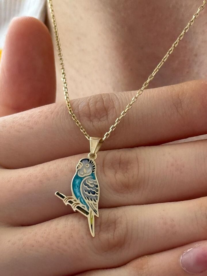 Özel Tasarım Altın Mavi Muhabbet Kuşu Figürlü Kolye Ucu