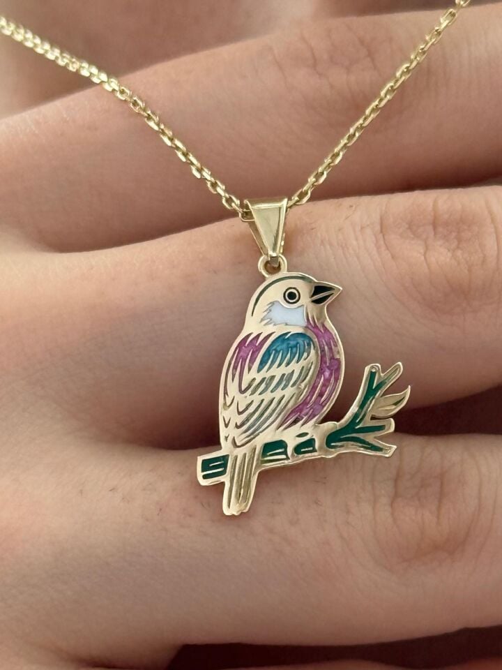 Özel Tasarım Altın Pembe Kanatlı Serçe Figürlü Kolye Ucu