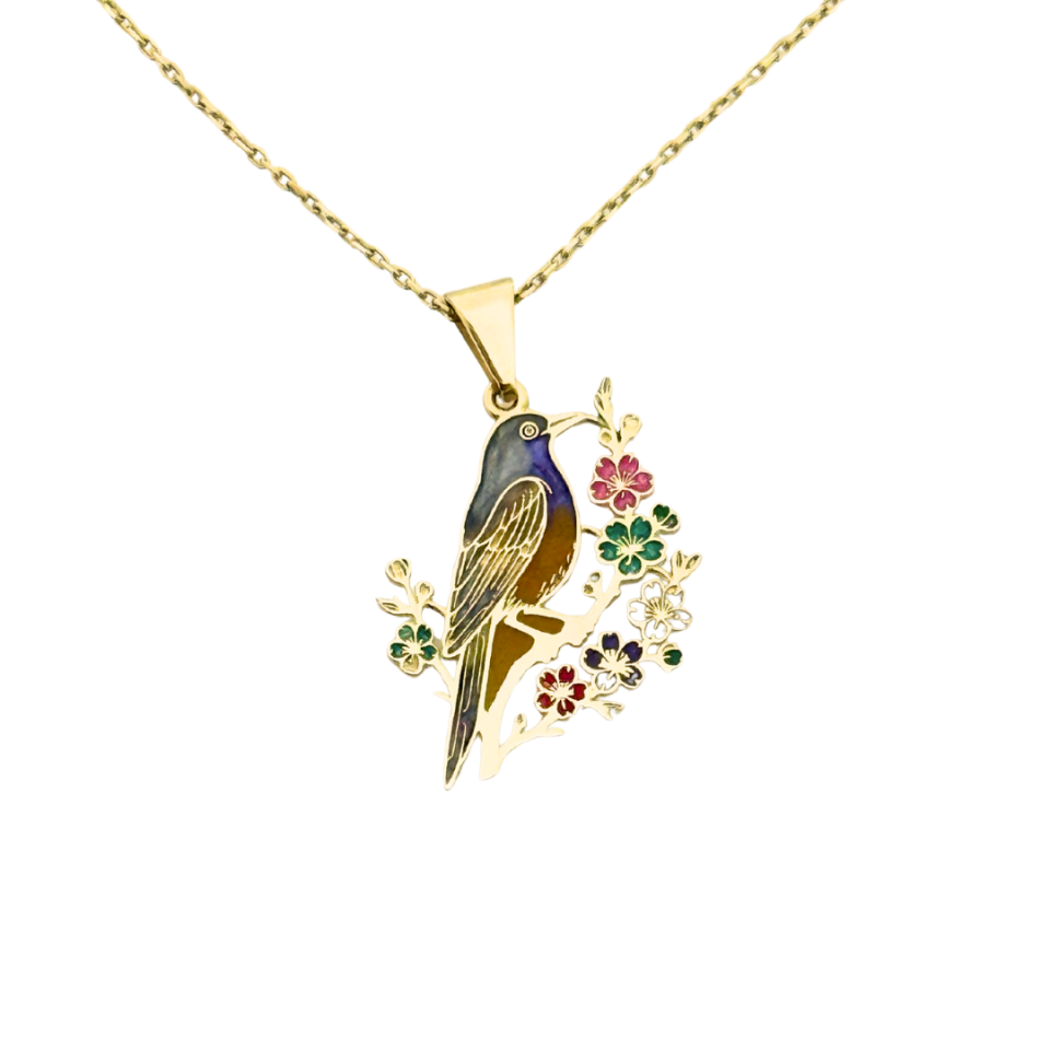 Özel Tasarım Altın Çiçekler Arasında Zarif Serçe Kolye Ucu